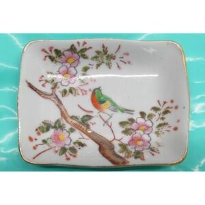 Vintage Hand Painted Trinket Dish 3x2 Occupied Japan Bird Blossoms Gold (2576)